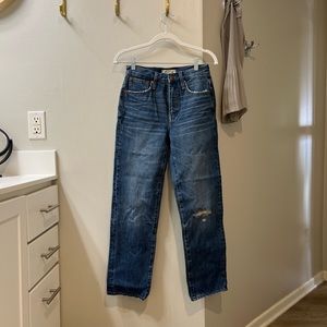 Madewell Jeans Size 24 Classic Straight Blue Whiskered Distressed Jade Wash